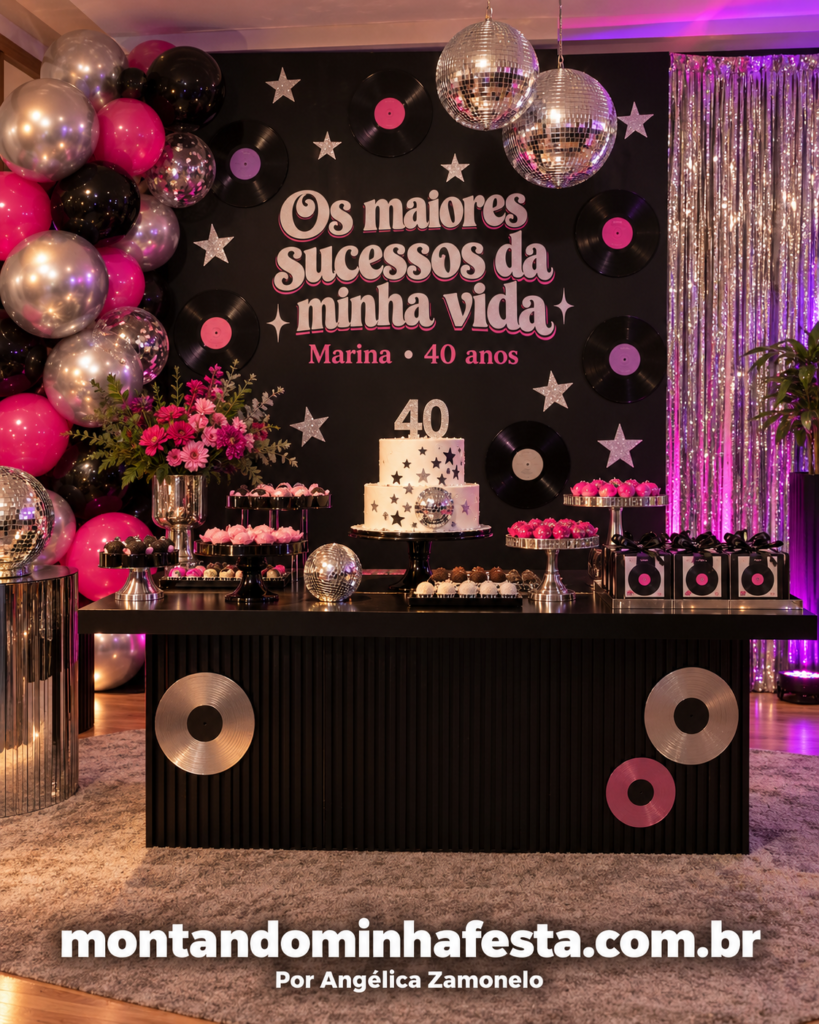 Decoração de festa feminina de 40 anos com tema disco, globos espelhados, discos de vinil e detalhes em preto, prata e rosa, do blog Montando Minha Festa.