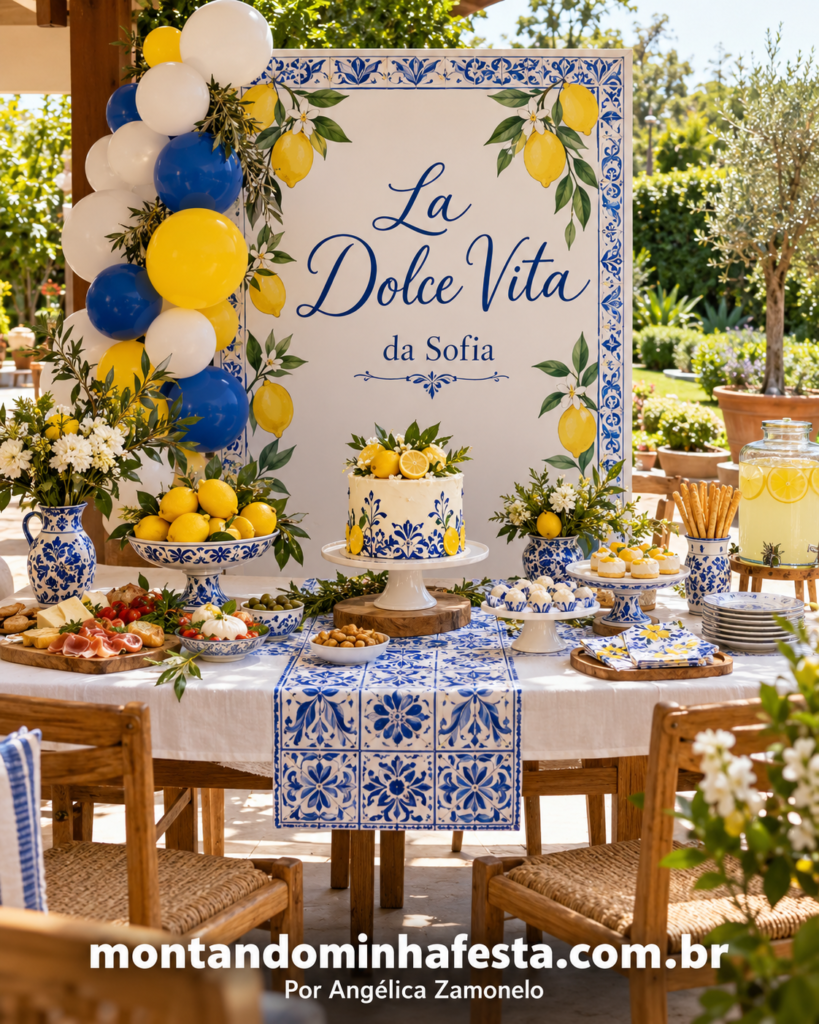 Decoração de festa italiana La Dolce Vita com limões-sicilianos, azulejos azuis e brancos, bolo e mesa de petiscos, do blog Montando Minha Festa.