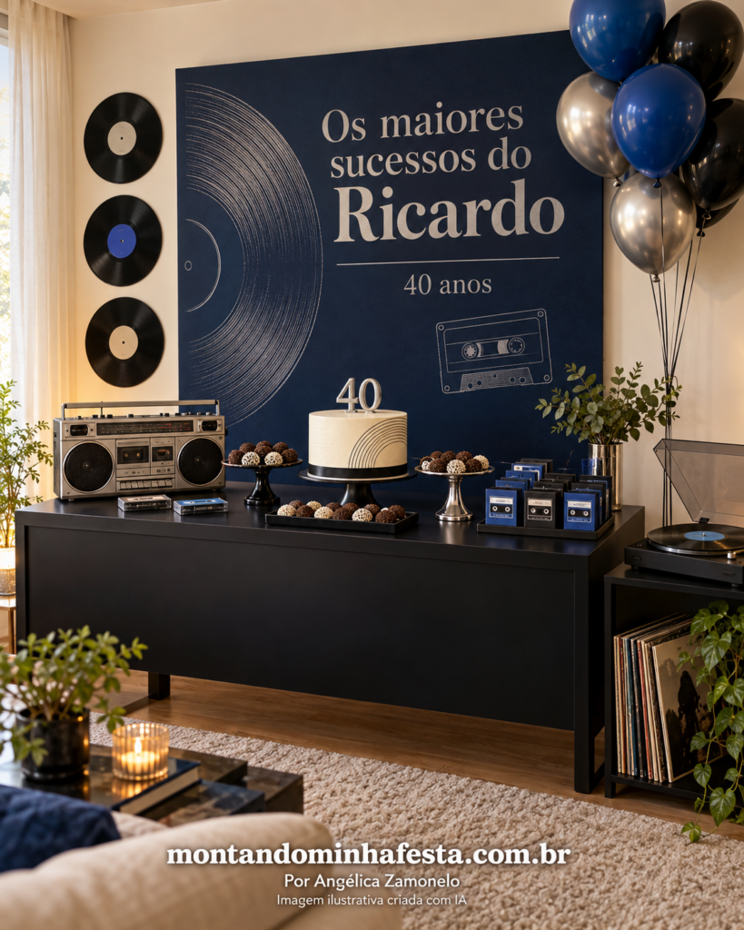 Festa masculina de 40 anos com decoração retrô musical em preto, prata e azul, discos de vinil, fitas cassete e painel “Os maiores sucessos do Ricardo”.