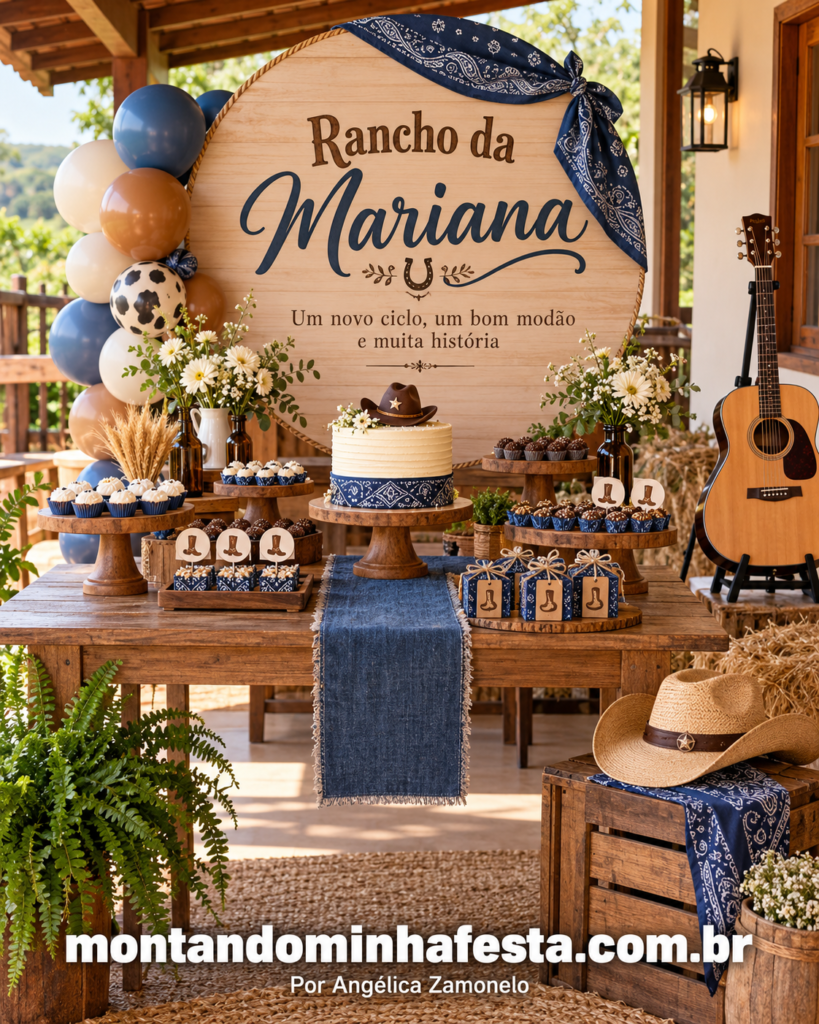 Decoração de festa sertaneja feminina com painel Rancho da Mariana, mesa de madeira, detalhes azul-jeans, chapéu e violão, do blog Montando Minha Festa.