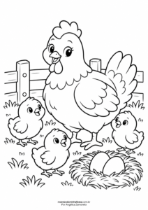 Desenho de galinha com três pintinhos e um ninho com ovos para colorir, do blog Montando Minha Festa.