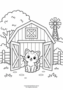 Desenho de gatinho na entrada de um celeiro com moinho ao fundo para colorir, do blog Montando Minha Festa.