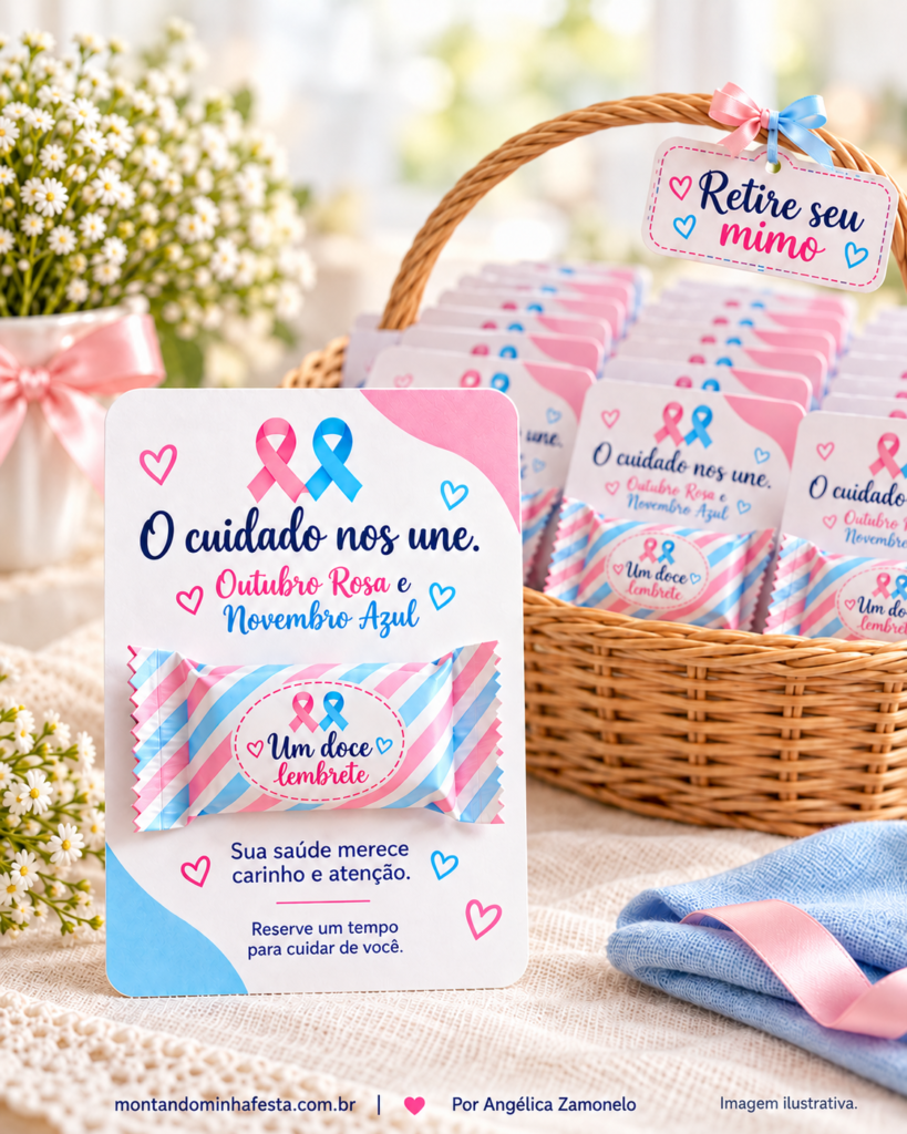 Cartão com a frase “O cuidado nos une” e bala em embalagem rosa e azul, à frente de uma cesta com a plaquinha “Retire seu mimo”.
