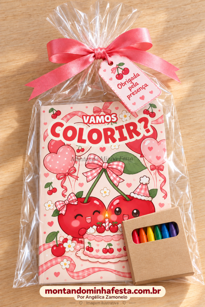 Livro de colorir tema cerejinha com caixa de giz de cera em papel kraft, embalado em saquinho transparente com laço de cetim rosa e tag “Obrigada pela presença”.