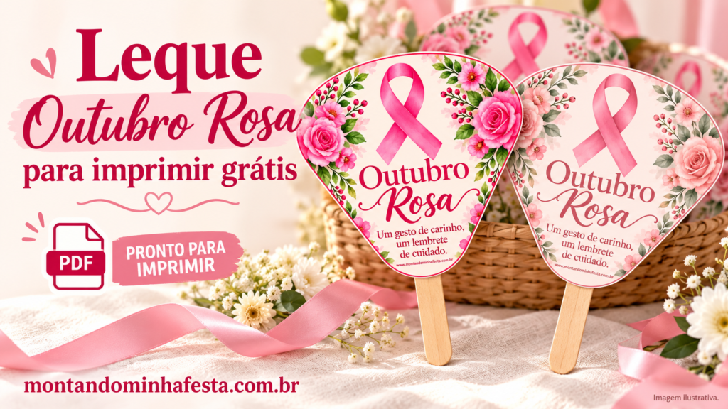 Banner de leque Outubro Rosa para imprimir grátis em PDF, com dois modelos florais montados em palitos de madeira.
