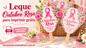 Banner de leque Outubro Rosa para imprimir grátis em PDF, com dois modelos florais montados em palitos de madeira.