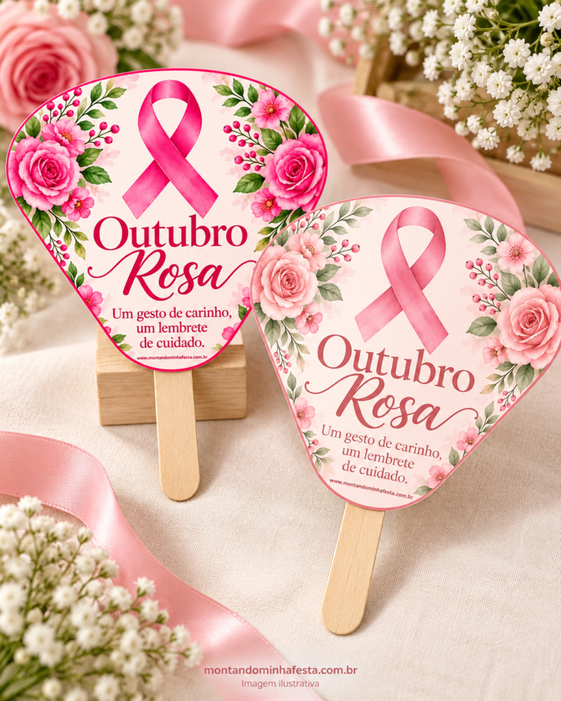 Dois leques de papel Outubro Rosa com flores, laços rosa e cabos de madeira, nas versões rosa vibrante e rosa suave.