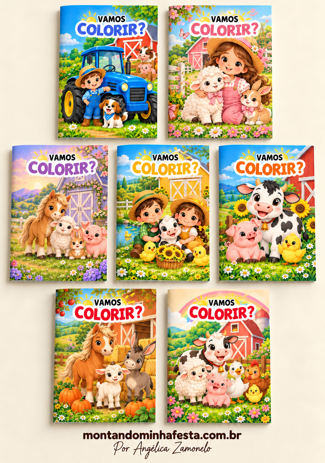 Amostra de sete livrinhos de colorir Fazendinha com capas coloridas em formato A5, do blog Montando Minha Festa.