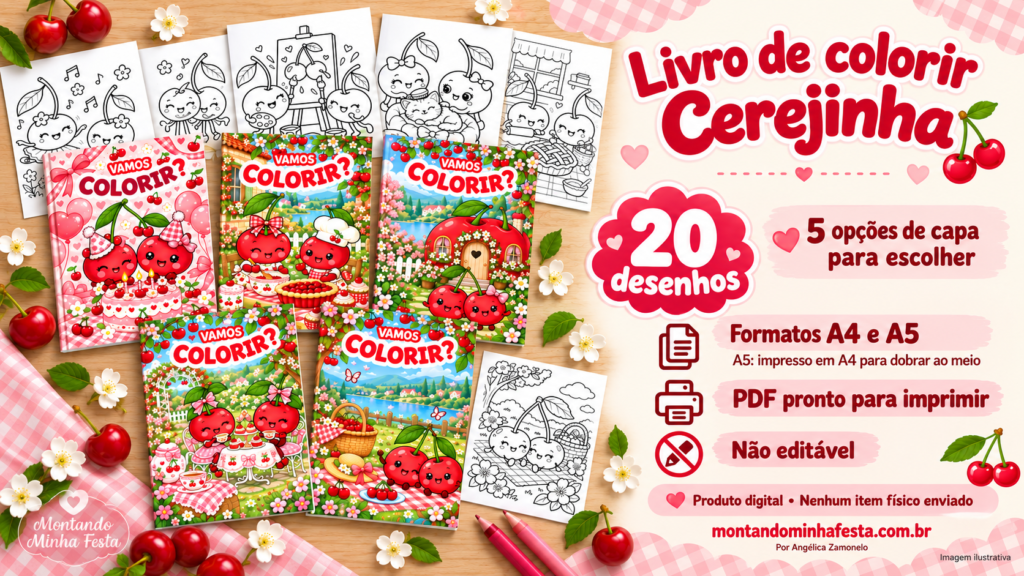 Livro de colorir Cerejinha do Montando Minha Festa, com 20 desenhos, 5 opções de capa e PDF pronto para imprimir nos formatos A4 e A5.