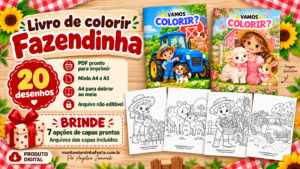 Livro de colorir Fazendinha do Montando Minha Festa, com 20 desenhos em PDF, miolo A4 e A5 e 7 opções de capas prontas como brinde.