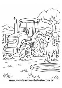 Desenho para colorir trator e cavalinho no pasto