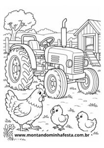 Desenho de colorir trator, galinha e pintinhos na fazenda