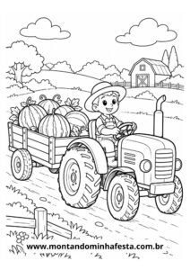Desenho para colorir menino dirigindo trator com melancias na estrada rural
