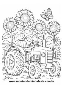 Desenho de colorir trator na plantação de girassóis