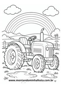 Desenho para colorir trator no campo sob o arco-íris