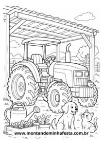 Desenho para colorir trator no abrigo da fazenda