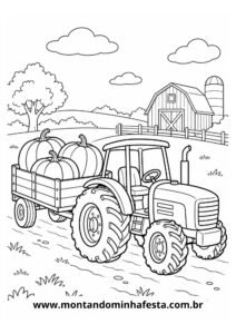 Desenho de colorir trator puxando abóboras na fazenda