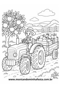 Desenho de colorir menino dirigindo trator com laranjas na fazenda