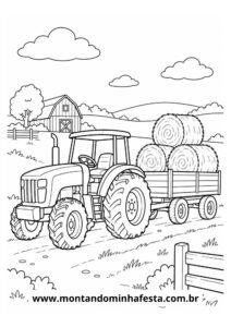 Imagem para colorir trator puxando fardos de feno