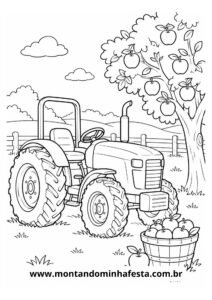Desenho para colorir trator no pomar de maçãs