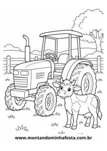 Imagem de colorir trator e vaquinha no pasto