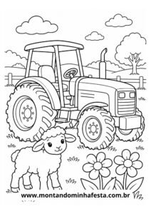 Imagem para colorir de trator, ovelhinha e flores no pasto