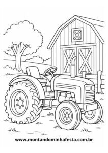 Desenho para colorir de trator ao lado do celeiro