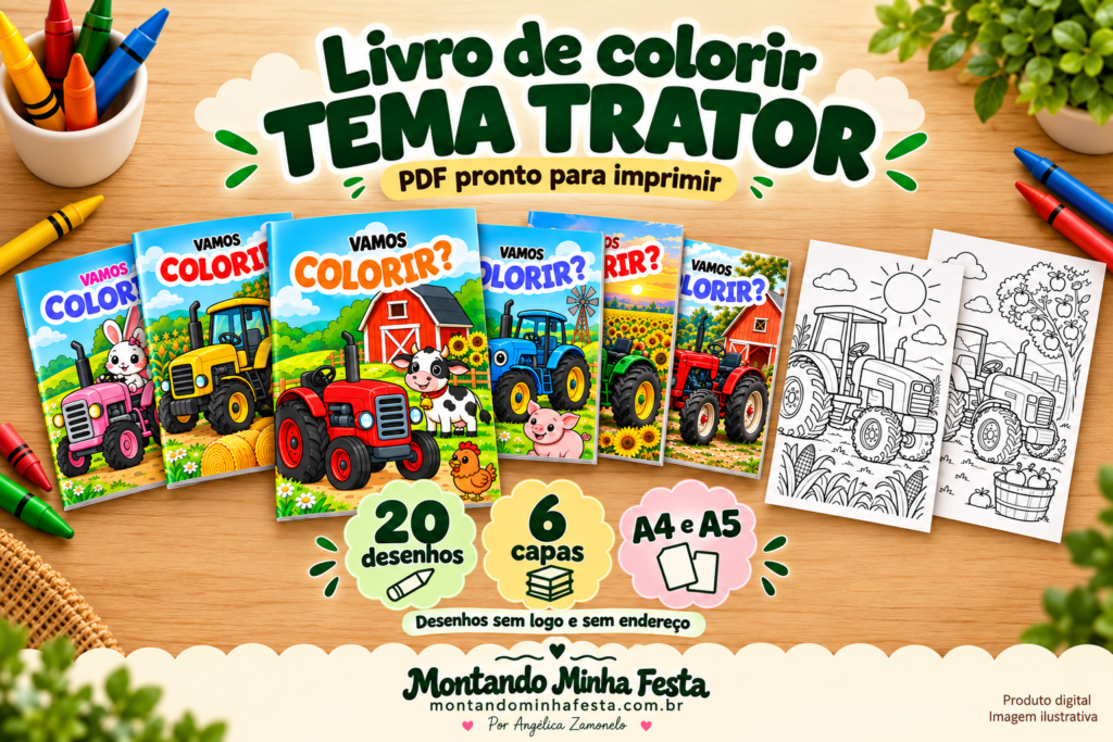 Livro de colorir tema trator em PDF, com seis capas coloridas e amostras dos 20 desenhos para imprimir nos formatos A4 e A5.