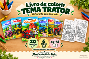 Livro de colorir tema trator em PDF, com seis capas coloridas e amostras dos 20 desenhos para imprimir nos formatos A4 e A5.