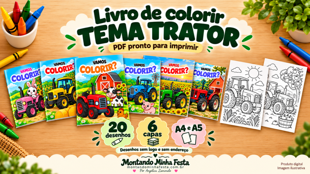 Livro de colorir tema Trator do Montando Minha Festa, com 20 desenhos sem logo e sem endereço, 6 capas e PDF para imprimir em A4 e A5.
