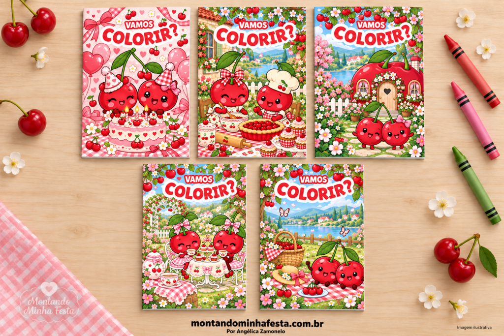 Cinco livrinhos de colorir tema cerejinha fechados em formato A5, com capas coloridas, sobre uma mesa de madeira com giz de cera.