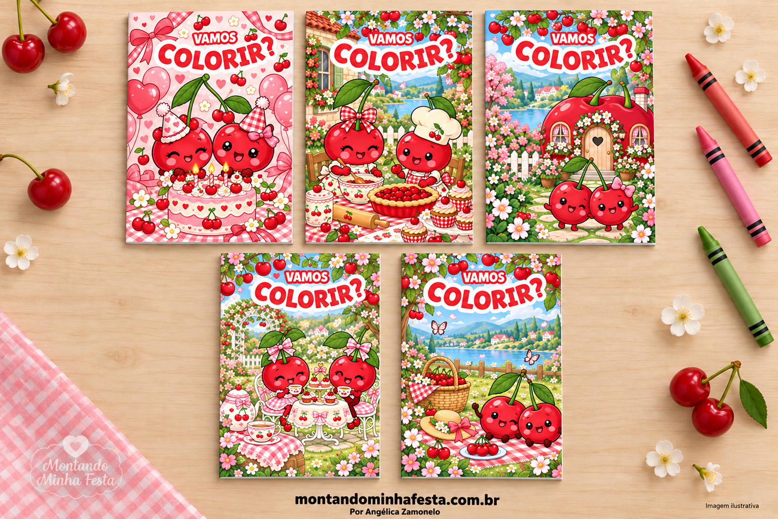 Cinco livrinhos de colorir tema cerejinha fechados em formato A5, com capas coloridas, sobre uma mesa de madeira com giz de cera.