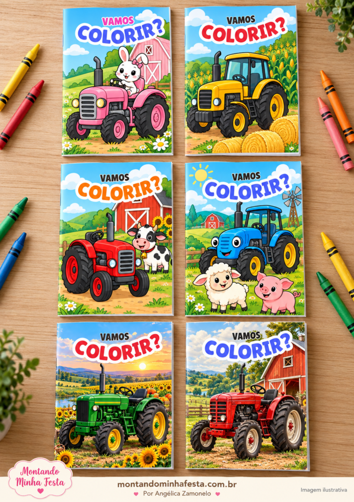 Seis livrinhos de colorir tema trator em formato A5, fechados, com capas coloridas sobre uma mesa de madeira e giz de cera ao redor.