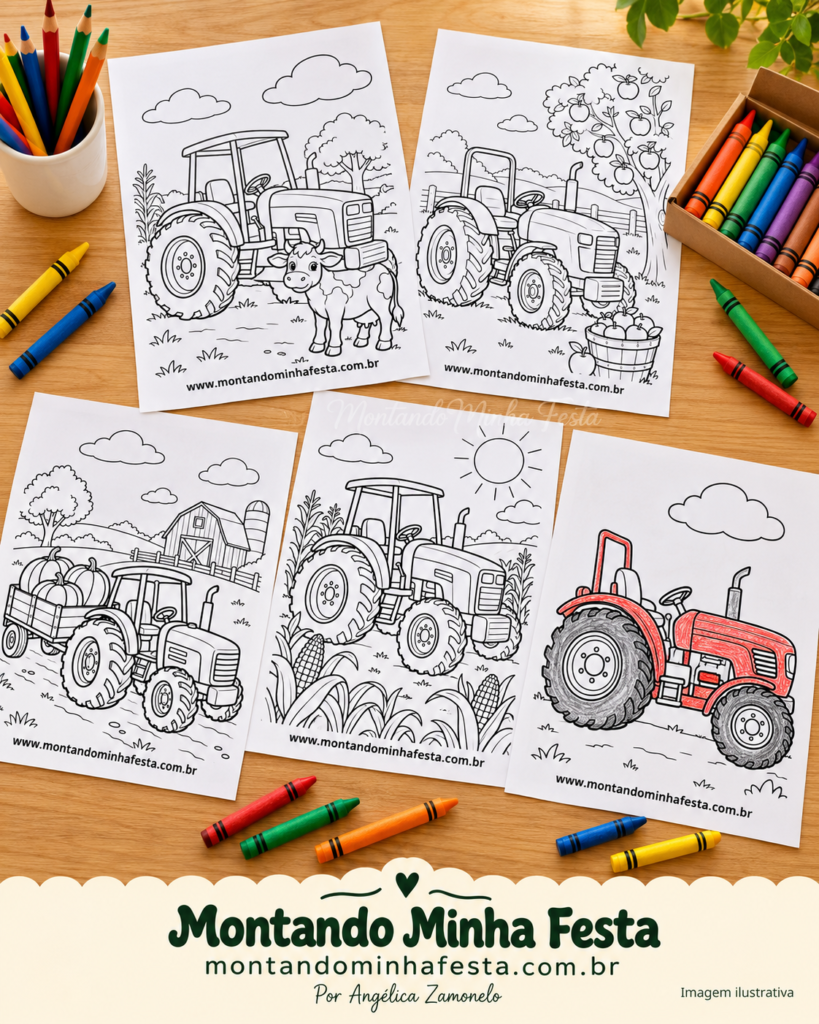 Cinco desenhos de trator para colorir sobre uma mesa de madeira com lápis de cor e giz de cera, incluindo um trator pintado de vermelho.