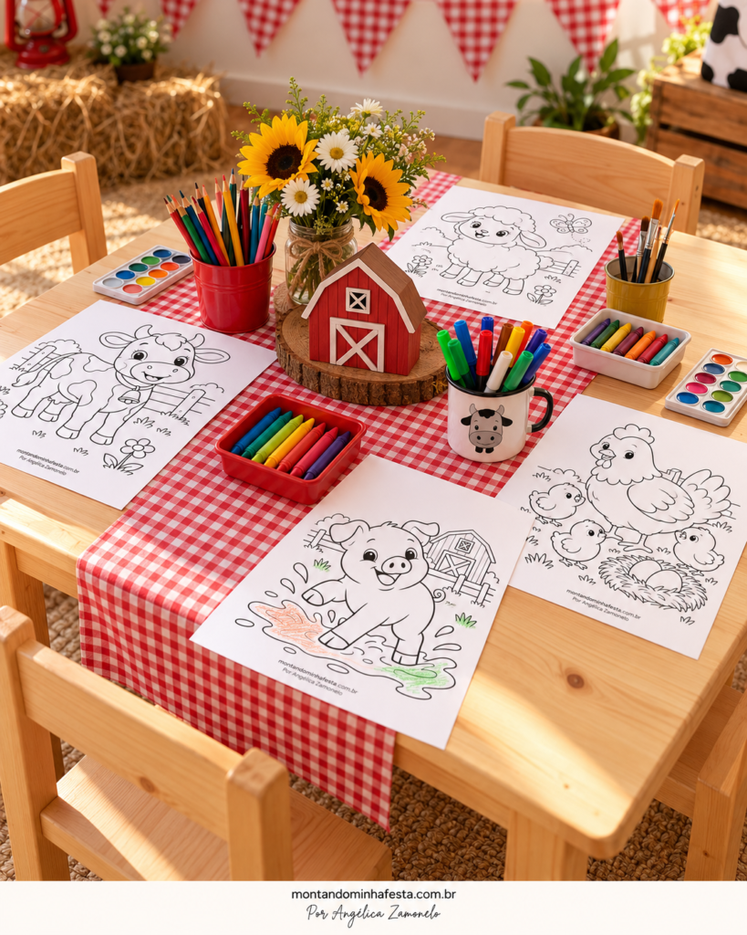 Mesa de pintura tema Fazendinha com desenhos de animais para colorir, lápis, giz de cera e decoração xadrez, do blog Montando Minha Festa.