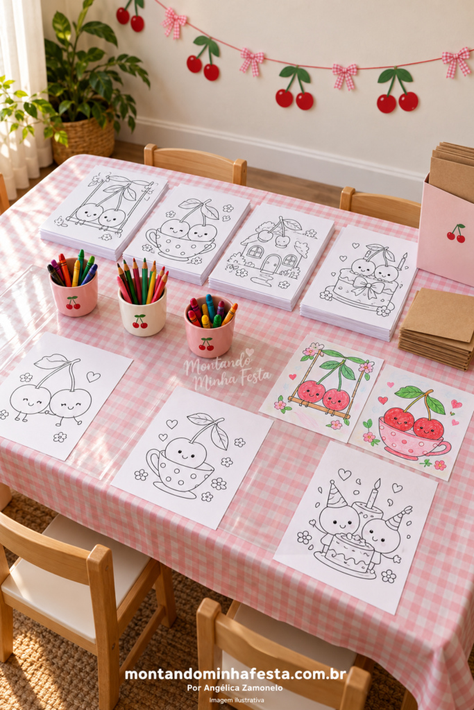 Mesa de pintura para festa cerejinha com toalha xadrez rosa, desenhos para colorir, lápis, giz de cera e envelopes kraft para levar as pinturas para casa.