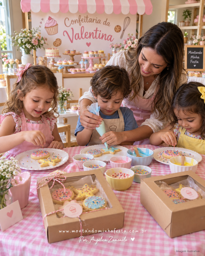 Crianças decorando biscoitos com cobertura e confeitos, acompanhadas por uma adulta, com caixinhas para levar as criações para casa.