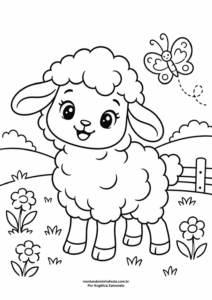 Desenho de ovelhinha no campo com flores e uma borboleta para colorir, do blog Montando Minha Festa.