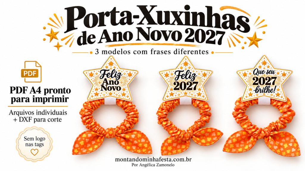 Três porta-xuxinhas de estrela com frases de Ano Novo 2027, apresentados com xuxinhas laranjas e informações do pack em PDF e DXF.