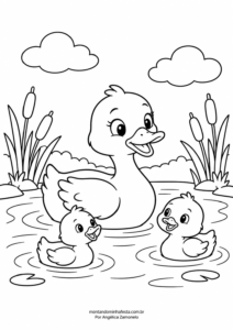 Desenho de pato adulto com dois filhotes nadando no lago para colorir, do blog Montando Minha Festa.