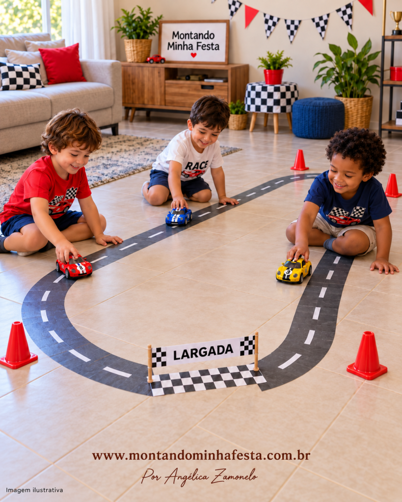 Crianças brincando com carrinhos em uma pista feita com fita no chão, com placa de largada e decoração de festa de corrida.