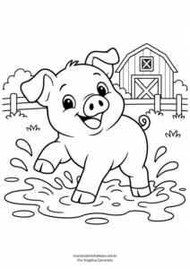 Desenho de porquinho brincando na lama com celeiro ao fundo para colorir, do blog Montando Minha Festa.