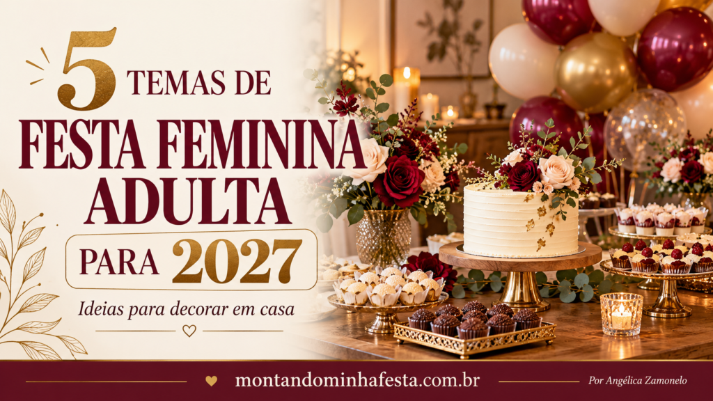 Banner com o título “5 temas de festa feminina adulta para 2027” e mesa de aniversário decorada em bordô, creme e dourado, do blog Montando Minha Festa.