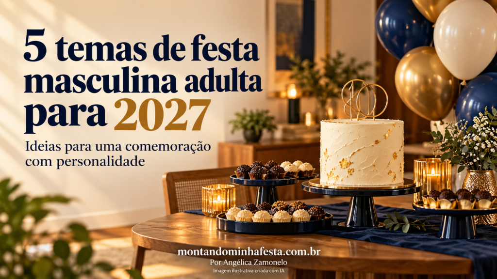 Banner com o título “5 temas de festa masculina adulta para 2027” e mesa de aniversário decorada em azul-marinho e dourado.