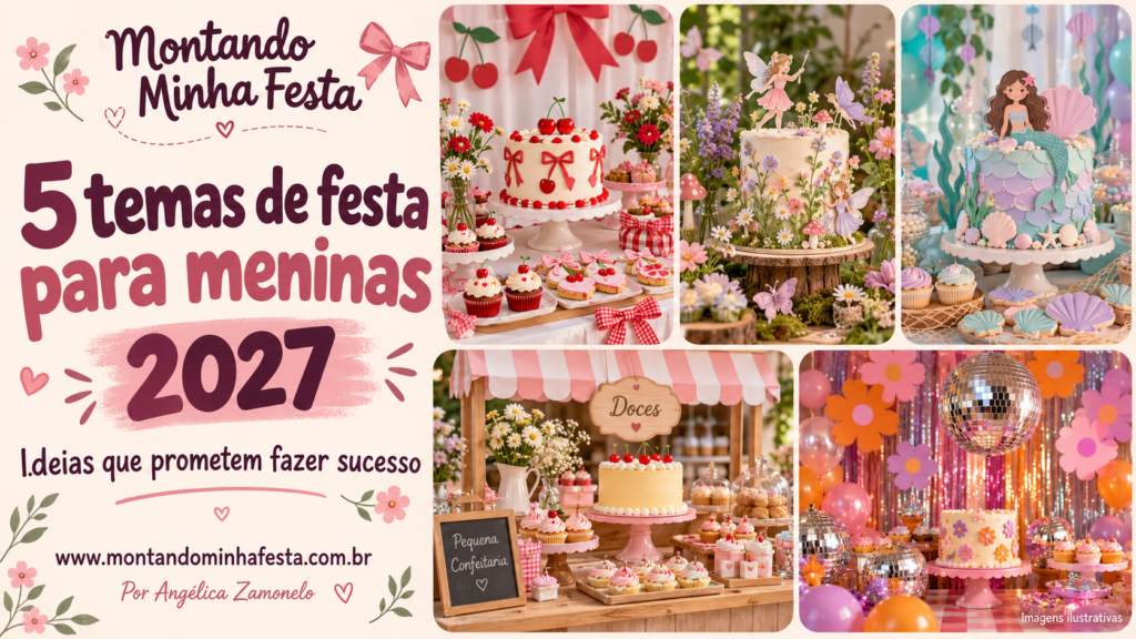 Capa com cinco temas de festa para meninas em 2027: laços e cerejas, jardim encantado, sereias, pequena confeitaria e disco com flores retrô.