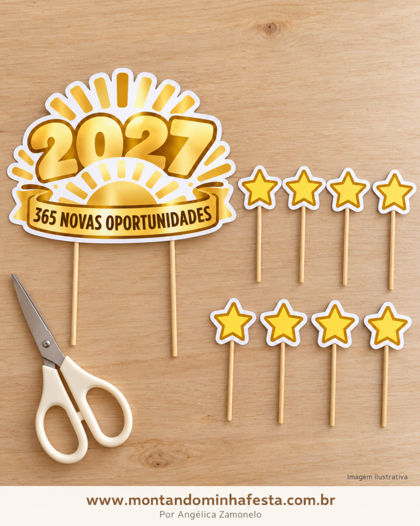 Topo dourado 2027 com a frase “365 novas oportunidades” e oito estrelas com palitos fixados, sobre mesa de madeira com tesoura ao lado.