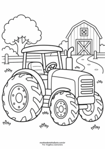 Desenho de trator na fazenda com celeiro e árvore ao fundo para colorir, do blog Montando Minha Festa.