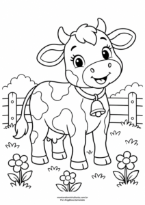 Desenho de vaquinha com sino no pescoço e flores no pasto para colorir, do blog Montando Minha Festa.